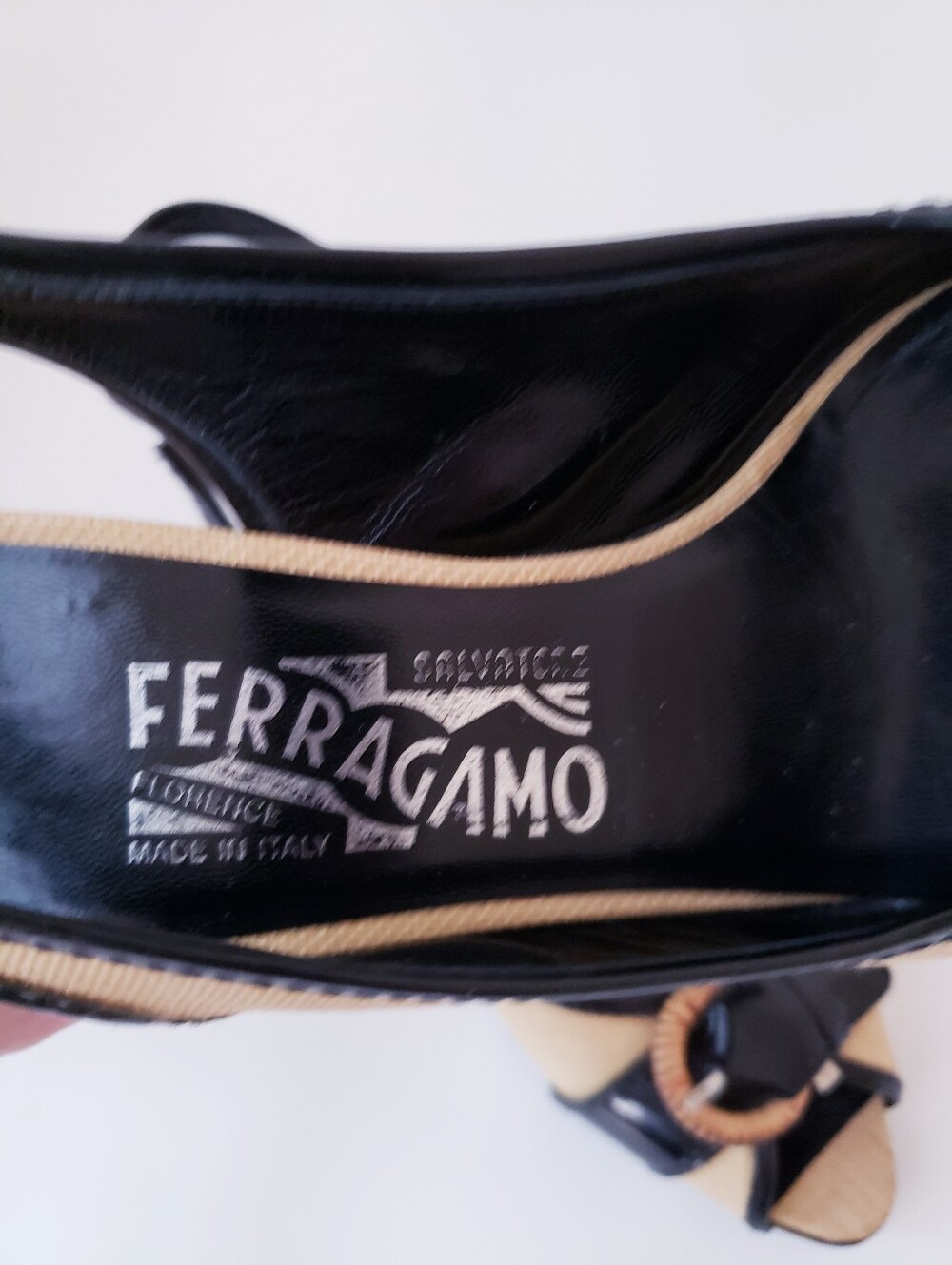 Vintage Salvatore Ferragamo light Tan And Black Slingback Peep-toe Heels - Picture 12 of 16